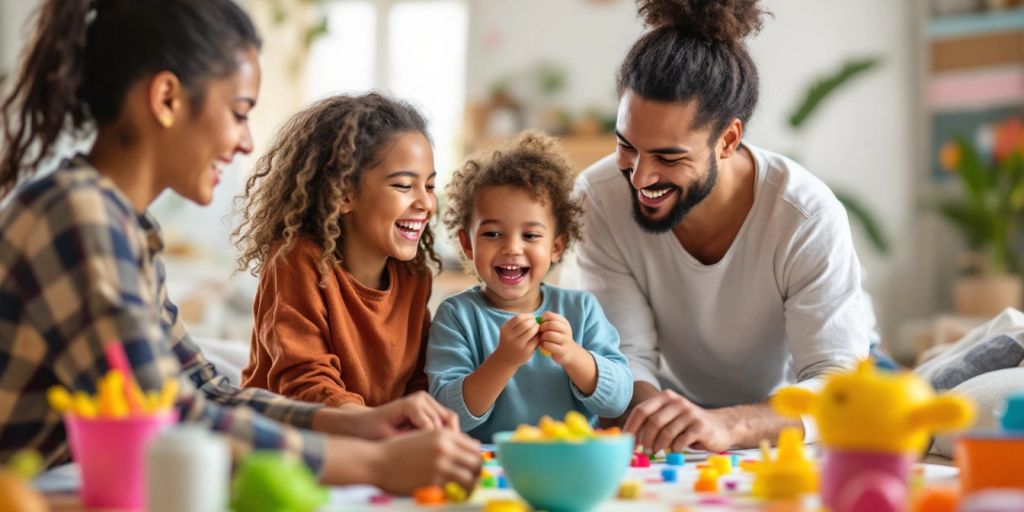 Family enjoying creative activities together at home.