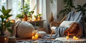 Calm home space with plants and soft lighting.