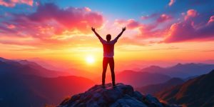 Person celebrating at sunrise on a mountaintop.